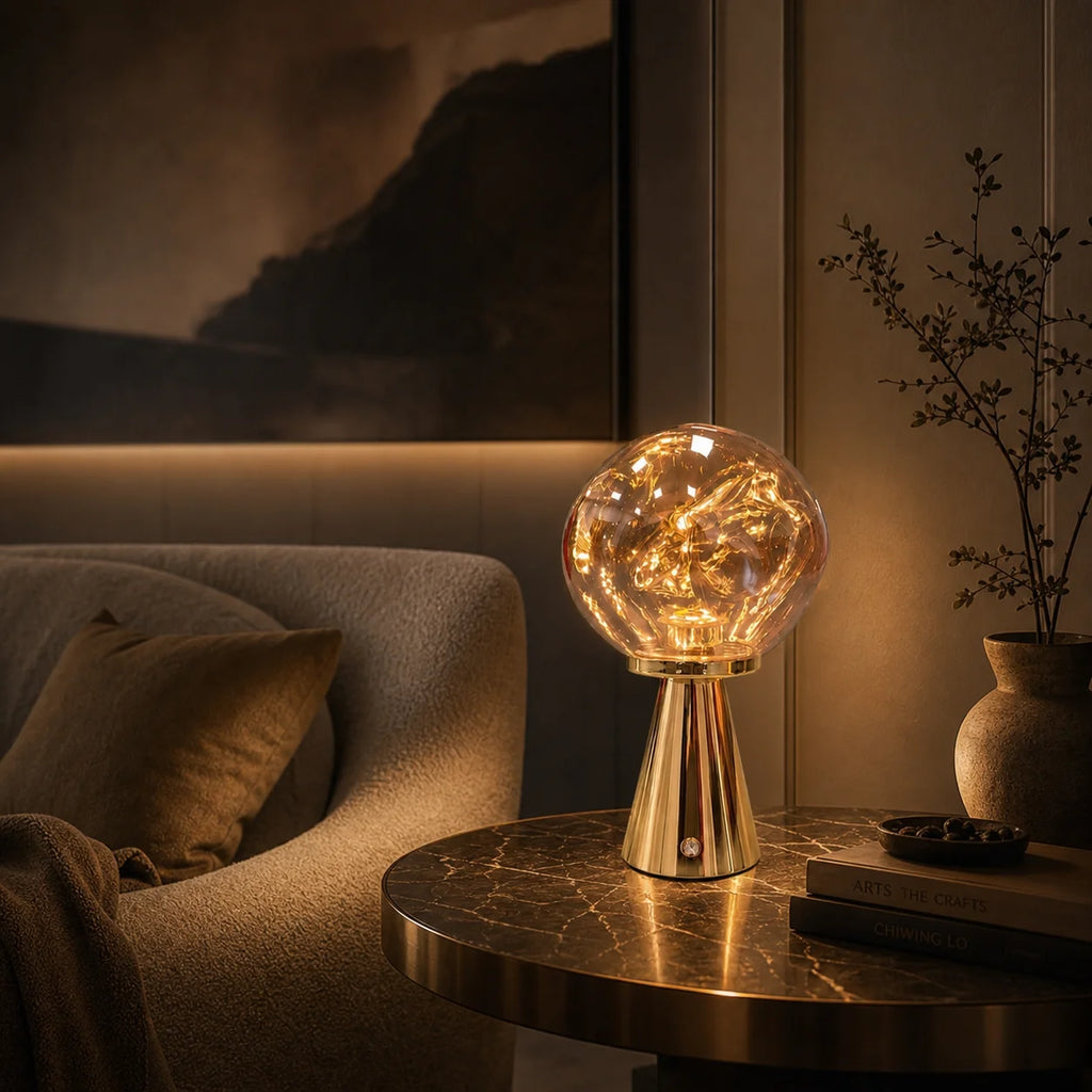 Lampe à Poser Sans Fil Globe en Verre Effet Lave